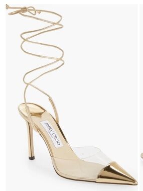 JIMMY CHOO Gold/clear Farley Pointy Toe Sandal  women size 9.5 preowned